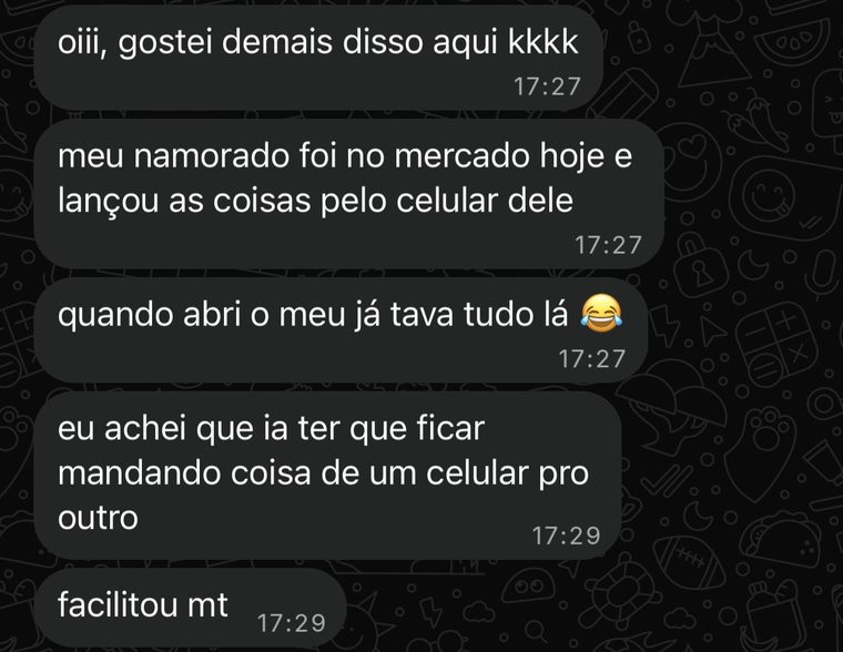 Cliente conta que o namorado lançou os gastos do mercado pelo celular dele e apareceu no dela na hora